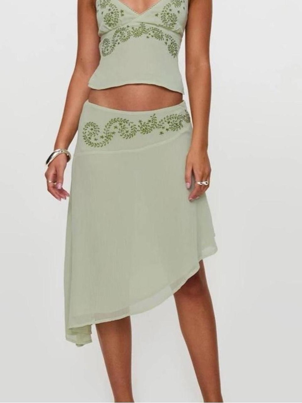 Princess Polly Sage Green Embroidered Asymmetrical Midi Skirt